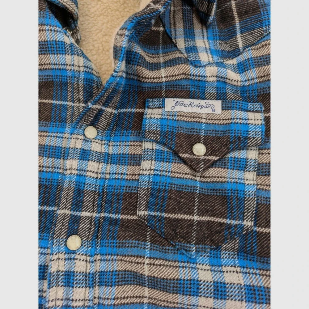 True Religion Sherpa Lined Flannel Shirt Jacket Blue Plaid Western Pearl Snap XS